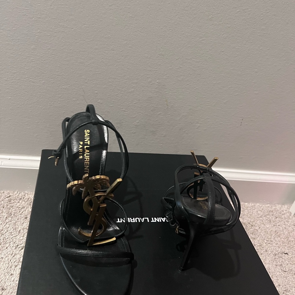 Saint Laurent Black and Gold High Heeled Sandals - Picture 2 of 5